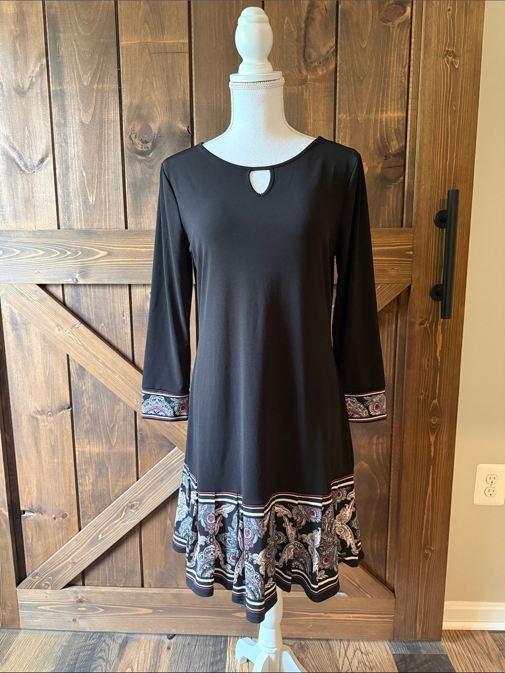 White House Black Market Black Paisley-Trim A-Line Long Sleeve Dress
